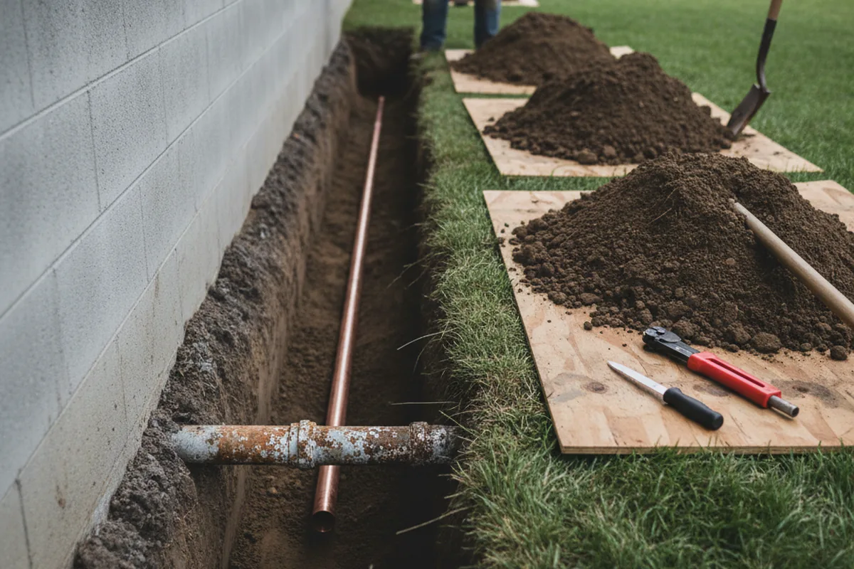 Excavated water line trench during Water Softener Installation in Sumter